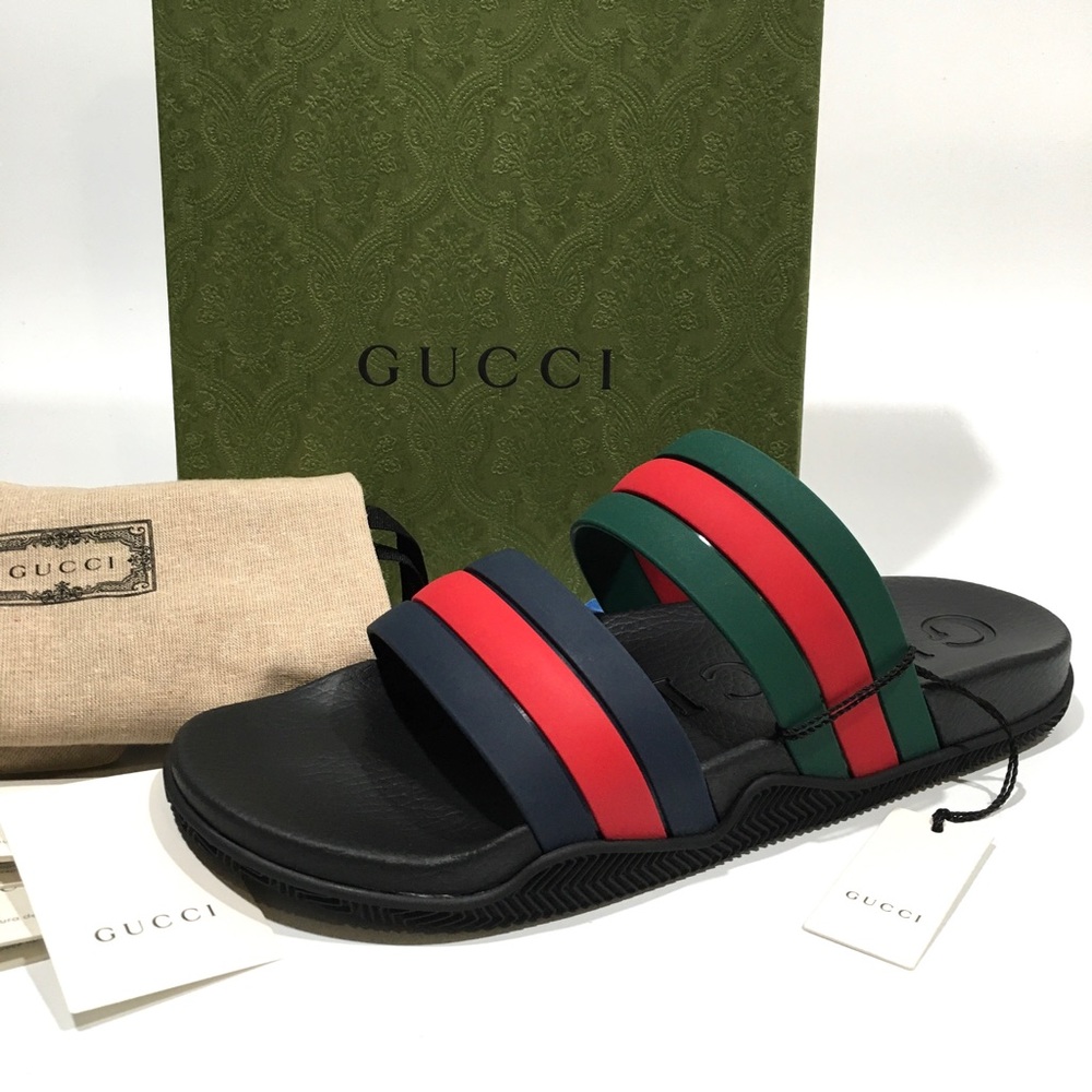 GUCCI WEB RGR RUBBER SLIDES SANDALS -MEN’S US 12.5 -NEW